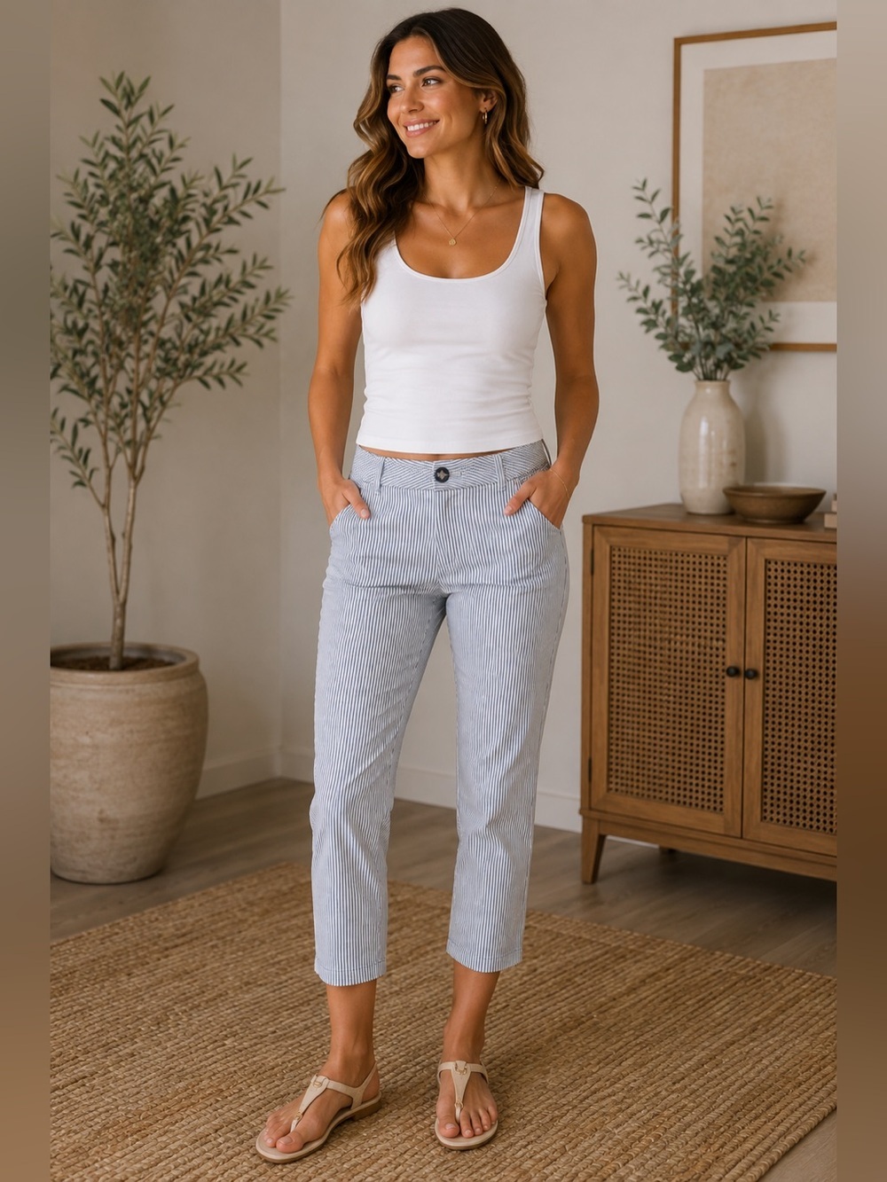 Hilary Radley White and Blue Cropped Pants Women’s 10 Nautical Stretch